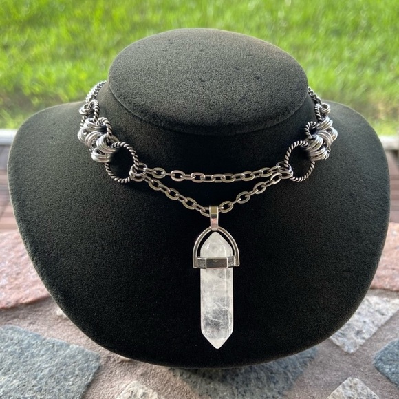 Handmade maille choker & Clear crystal quartz bullet charm boho necklace - Picture 5 of 15